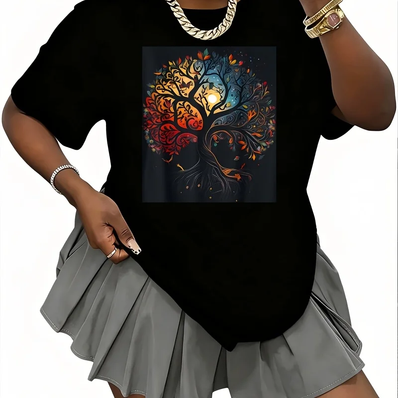 Seasonal Changes Tree of Life Natural Art Design Women's 100% Cotton T-Shirt Fun Print Short Sleeve Top Casual Round Neck Tee S-5Xl