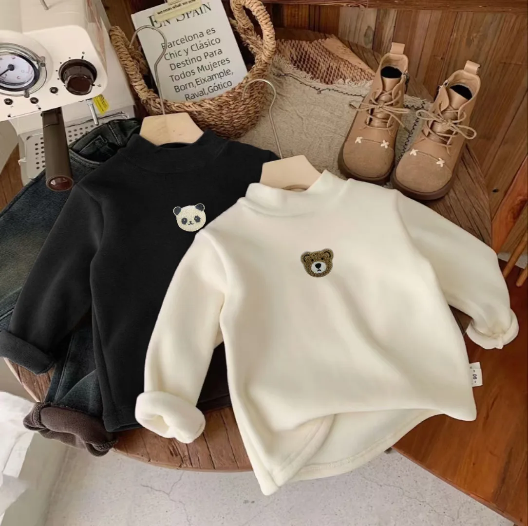 Autumn Winter Kids Clothes Thermal Base Shirt Boys Girls Cartoon Embroidery Half High Neck Undershirt Children Fleece Warm Tops