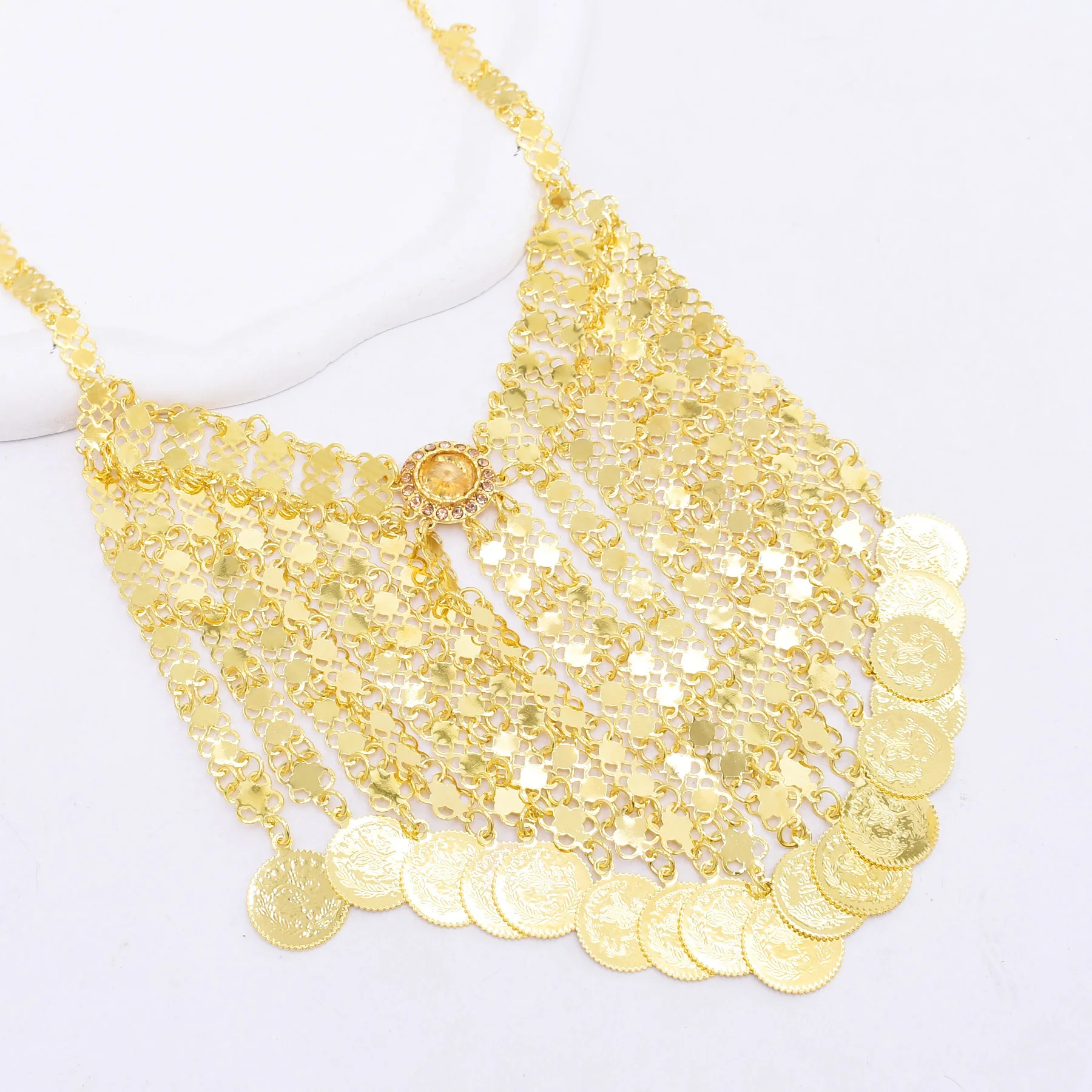 المتخصصة الرجعية العرقية نمط الوسطى الآسيوية الزفاف العملات الذهبية شرابة قلادة طويلة مبالغ فيها قلادة مأدبة العروس الملحقات
