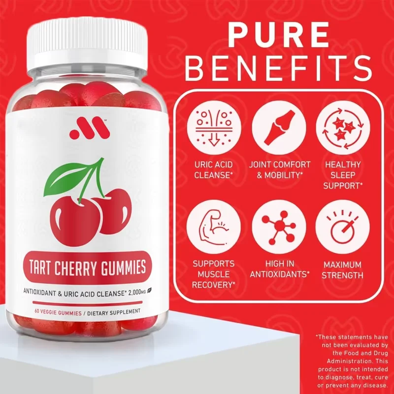 Sour Cherry 60 caramelos blandos: enjuague de ácido úrico y limpieza de extracto de cereza agria fuerte, antioxidantes para la comodidad de las articulaciones y los músculos