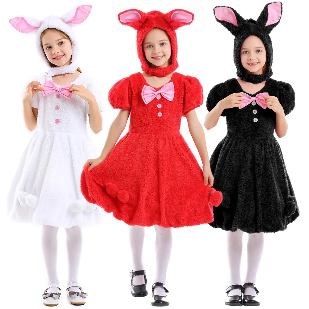 Easter Rabbit Cosplay Costume White Red Black Cute Dress with Headgear for Kids Girl Halloween Christmas Easter Festival Colthes