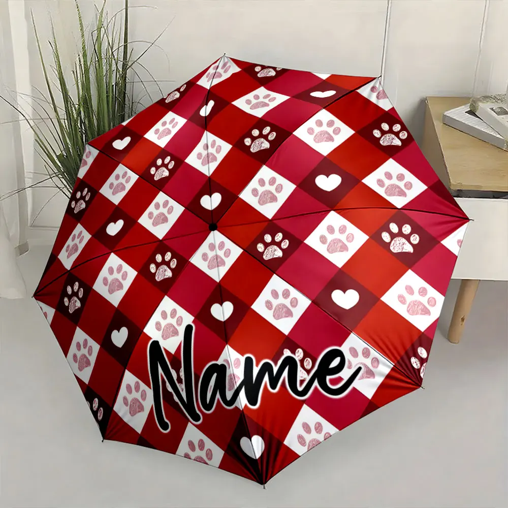 Custom Name Personalized Red Checkered Umbrella with Paw Prints Print 8 Iron Ribs Folding Umbrella Auto-Open Fashion Sunshade
