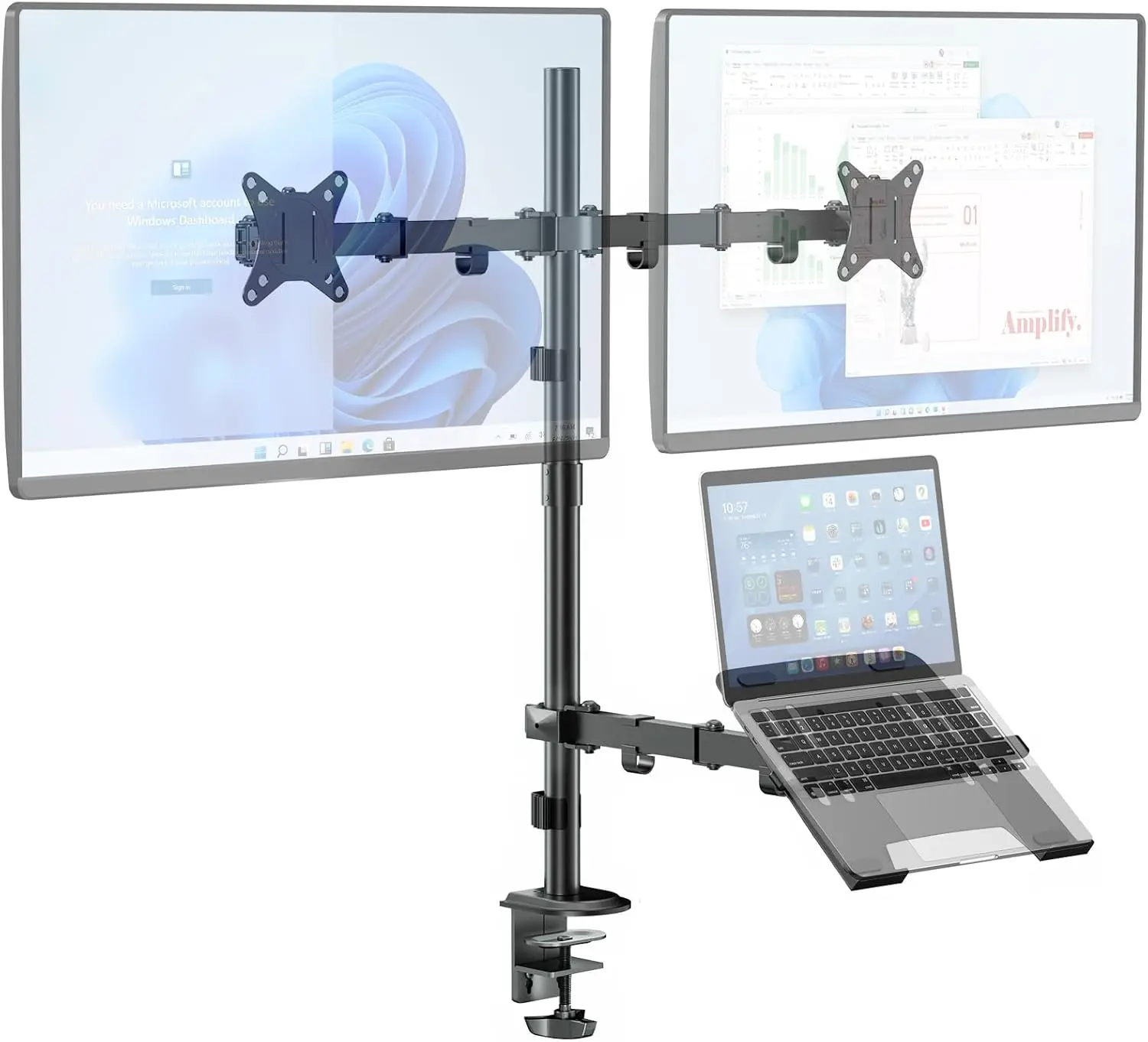 Dual Monitor Stand with Laptop Mount for 17-32" Screens, Extra Tall Adjustable Arm, 19.8 lbs Capacity per Arm, Black