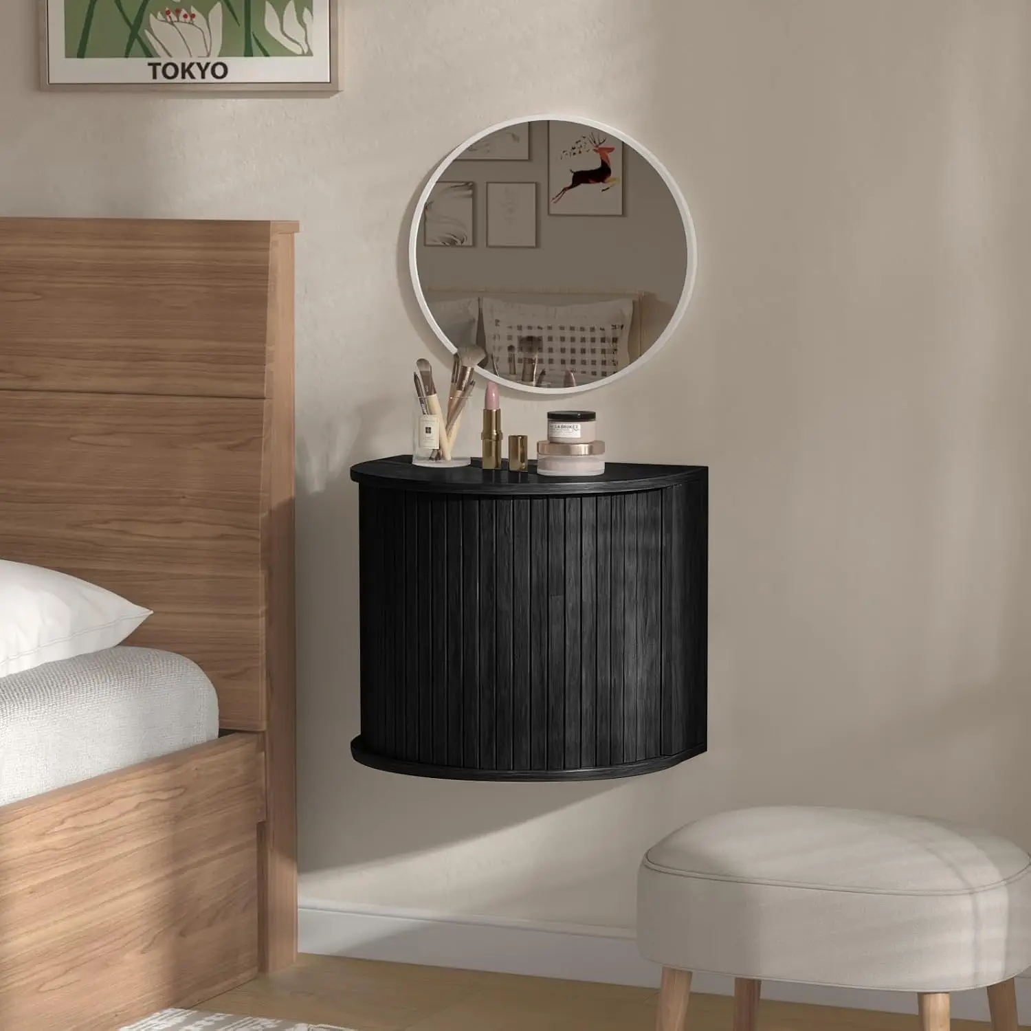 Floating Nightstand Set of 2 with Sliding Roller Shutter Doors,Black
