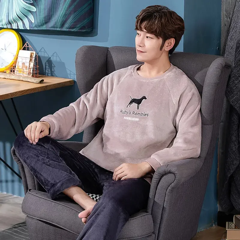 Men Sleepwear Coral Velvet Winter Fleece Thick Suit Flannel Pajamas Sets Loungewear Long Sleeve Pullover Pants Korean New