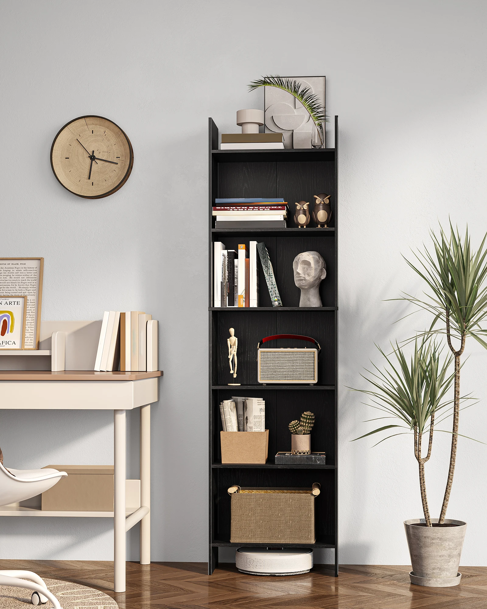 Libreria, mensola, mensola in piedi, mensola da ufficio, con 6 scomparti, aperta, per soggiorno, studio, ufficio, divisorio, nero