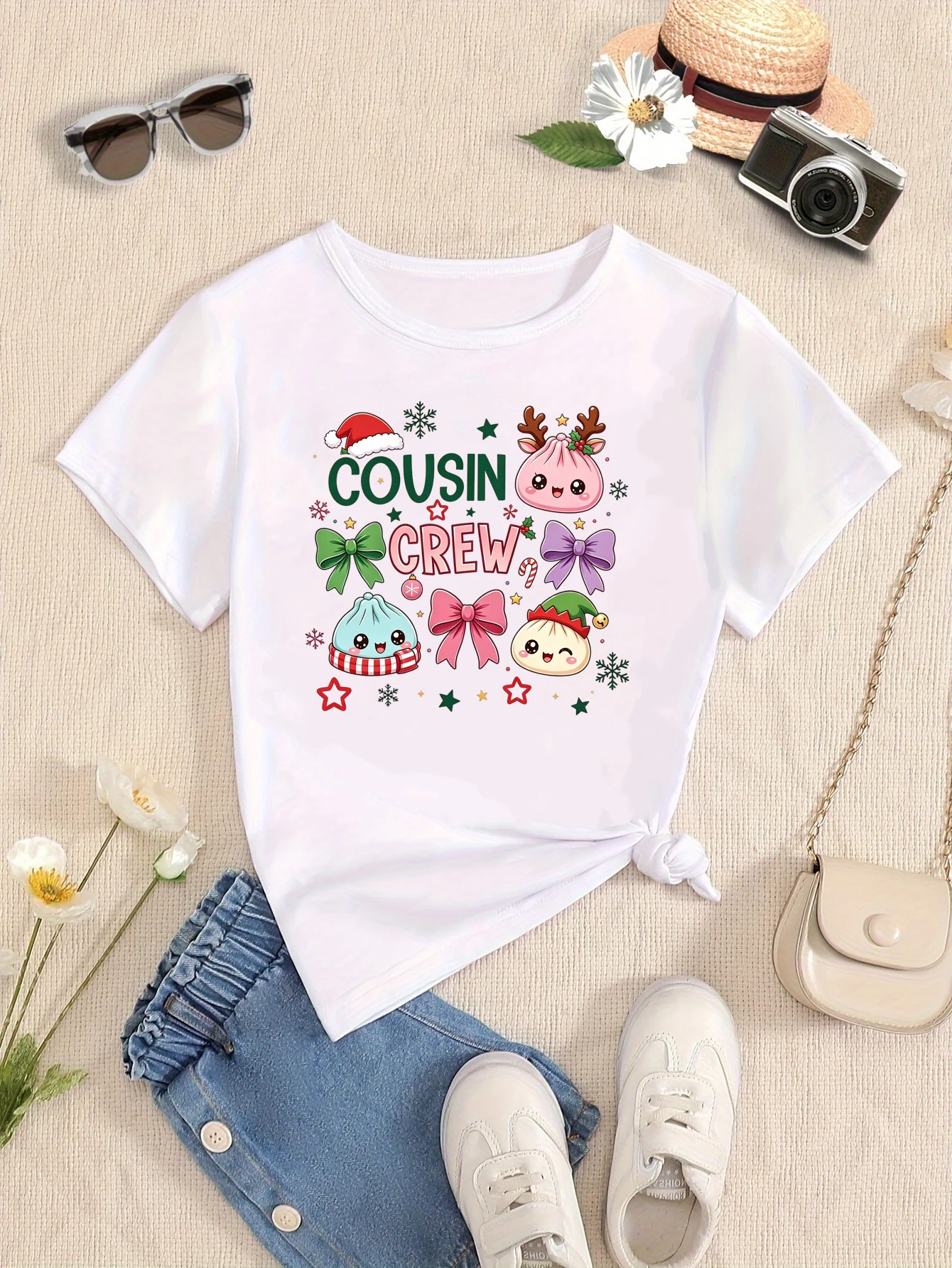 Cousin Crew Dumpling Bows Reindeer Printed T Shir Girls/Boys Christmas Gift T-Shirt Kawai Kids Clothes Black/Blue/Purple T-Shirt