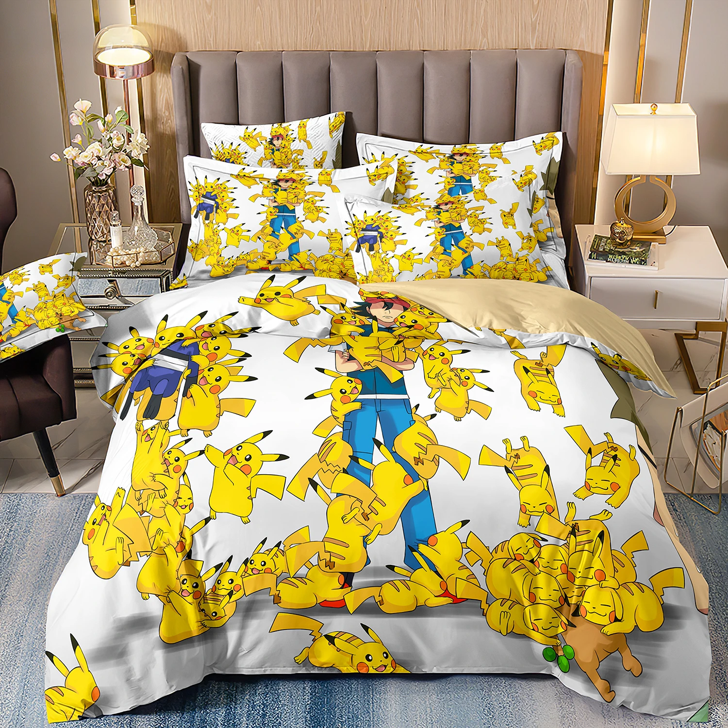 Pokemon Pikachu Bedding Set,Cartoon Anime Quilt Cover for Kids boys Girls gift Queen King Size Bedding Set,