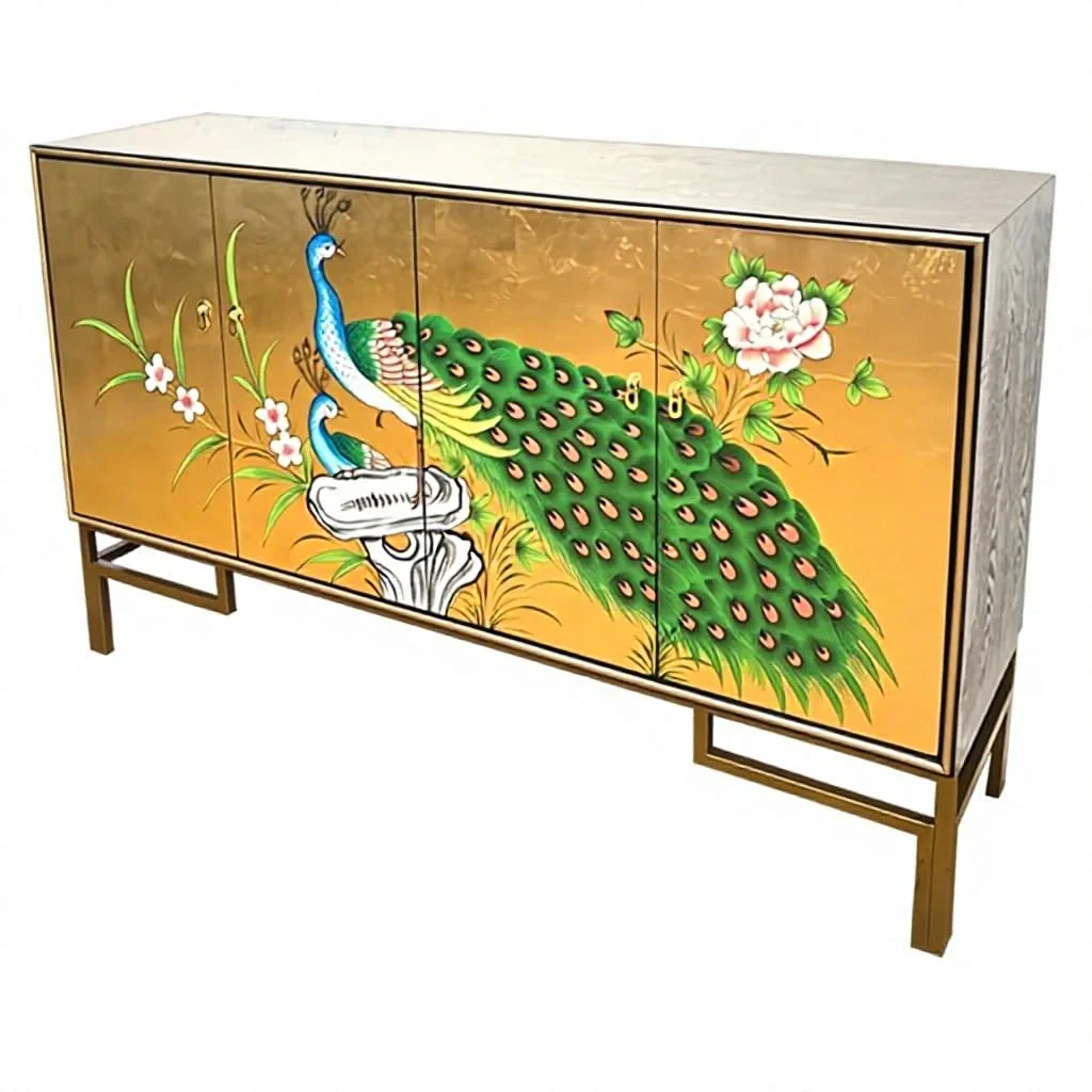 ^New Chinese-style Shoe Cabinet Entryway Light-luxury Living Room Solid-wood Sideboard Hand-painted Peacock Motif Wall-leaning