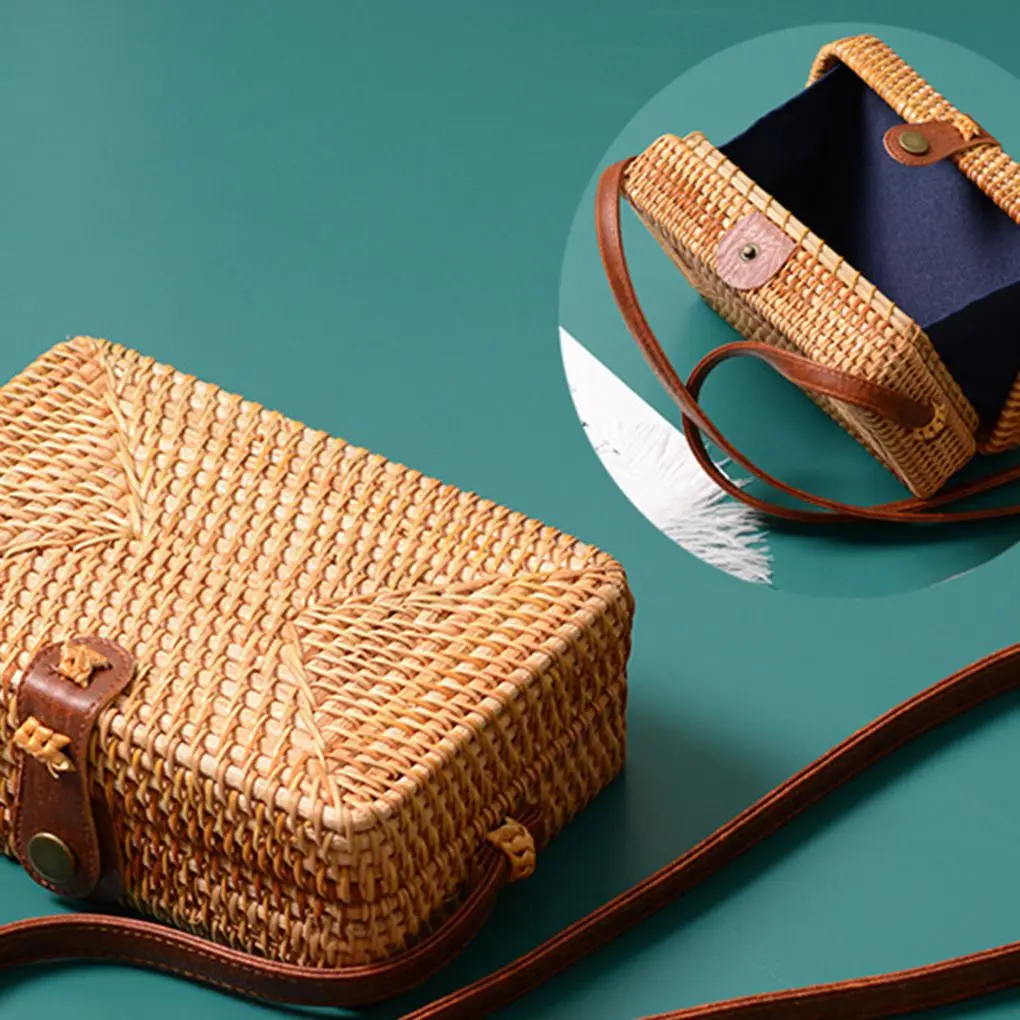 Women Summer Round Straw Bag Handmade Woven Handbags Female Rectangle Rattan Beach Shoulder Bag