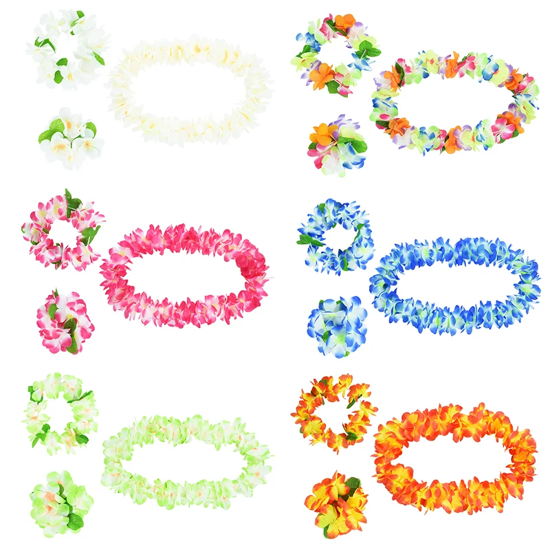 

4pcs/set Colorful Hawaiian Wreath Necklace Headband Bracelet Set Tropical Summer Beach Party Ball Perform Dress Adornment Prop