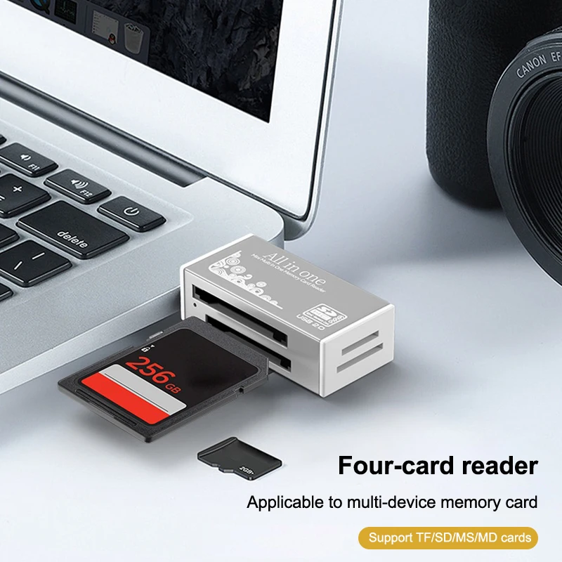 Streamlined 4 Ports Micro SD TF MS MD USB2.0 Card Reader, Essential PC Accessory for Enhanced Usability.