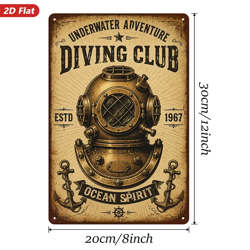 2D Flat, 1pc Vintage Diving Helmet Metal Sign Wall Art, Underwater Adventure Text, Suitable for Dining Room Entryway Study