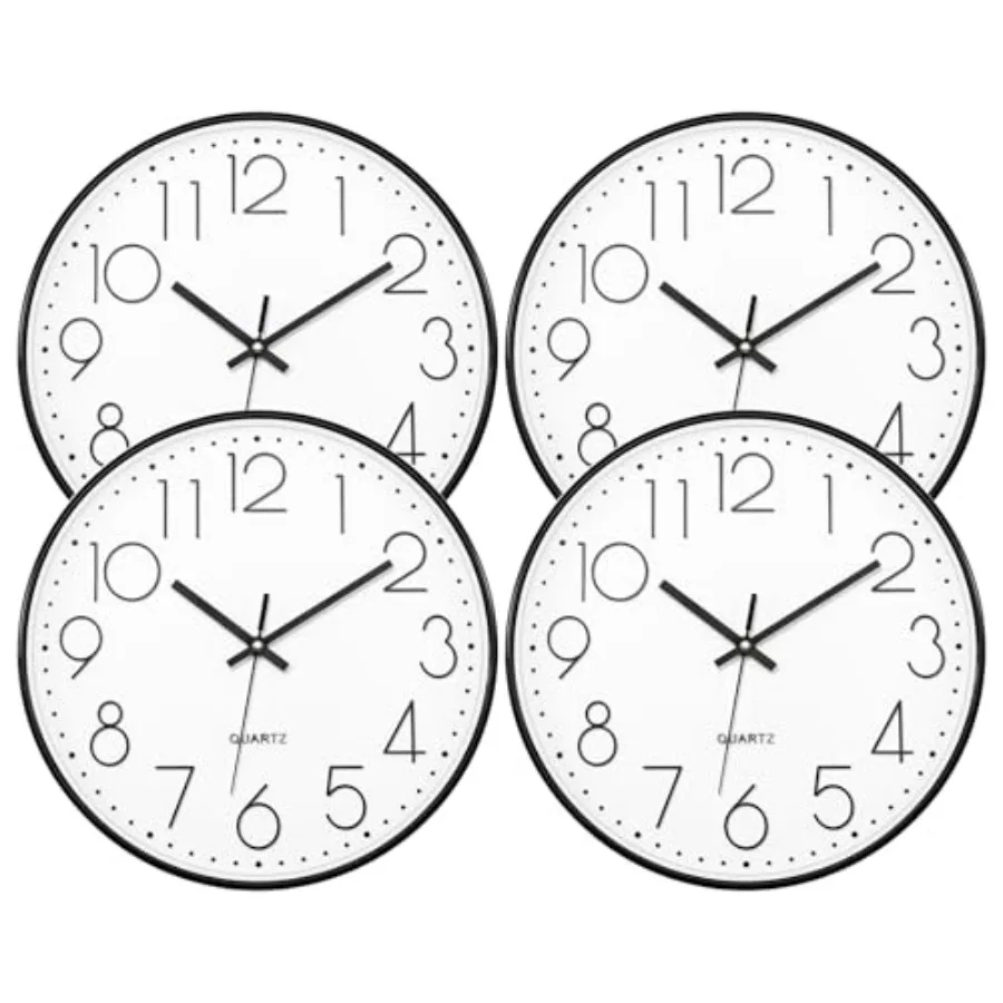 

Набор из 4 настенных часов: бесшумные, на батарейках, без тикания, кварцевые, круглые, аналоговые, классический дизайн, современный стиль для дома, офиса, класса