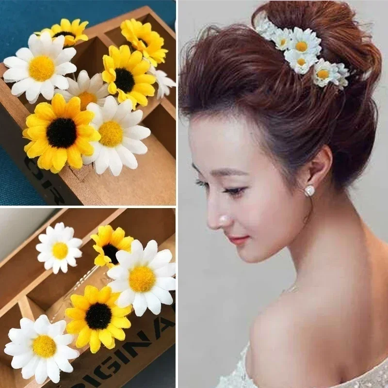 5PC Fashion Yellow Flower Hair Pin Clips U-shaped Hair Clips Sunflower Bridal Wedding Hair Jewelry Accessories Holiday Party