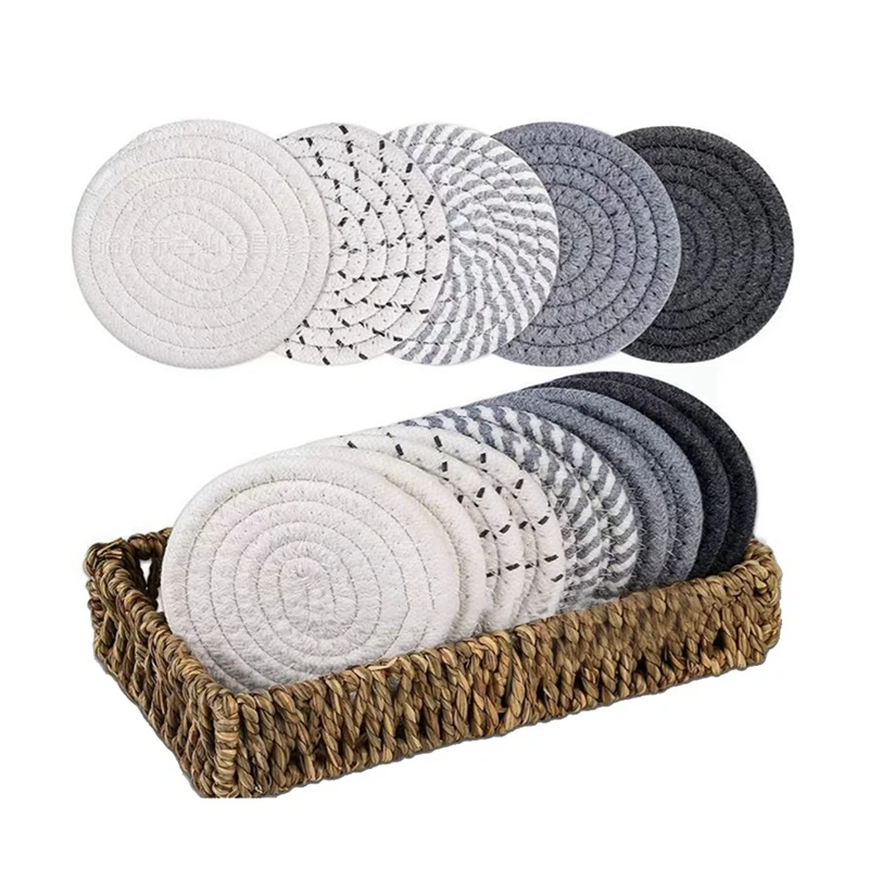 Drink Coasters ,Seagrass Basket Holder Set,10Pcs Boho Absorbent Coasters For Coffee Table, Large Hand Woven Basket