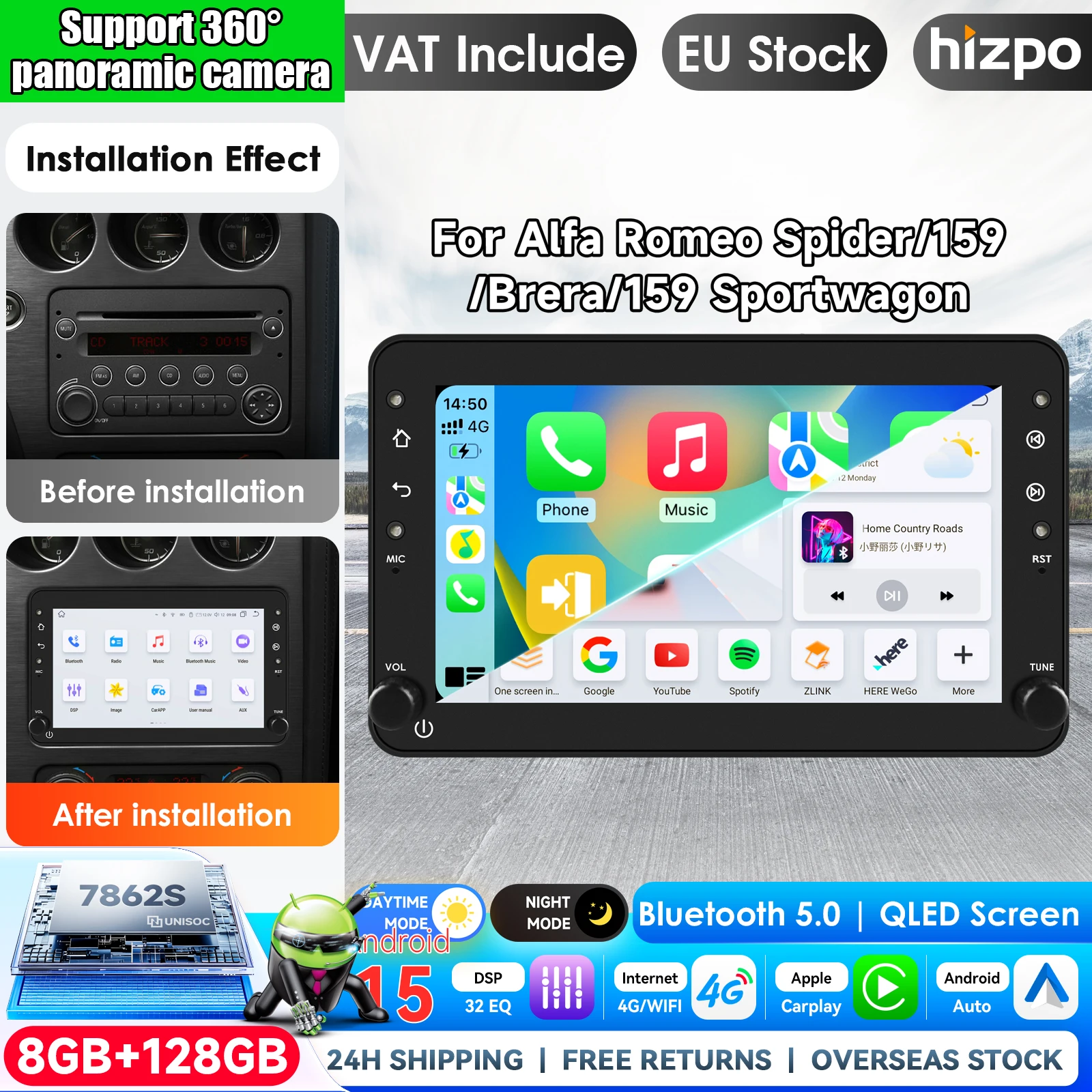 Hizpo 7-Zoll Android Autoradio für Alfa Romeo 159 Brera Spider Sportwagon Multimedia Carplay Player 2Din Stereo Autoradio Navigation GPS Auto-KI-Intelligentes System Head Unit Autoradio Video Stereo