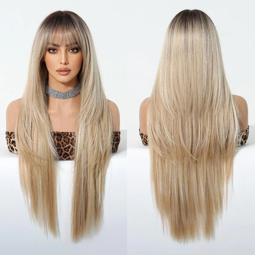 

27-дюймовые коричневые прямые синтетические волосы высокой длины с челкой - это натуральный термостойкий парик, подходящий для женских повседневных вечеринок