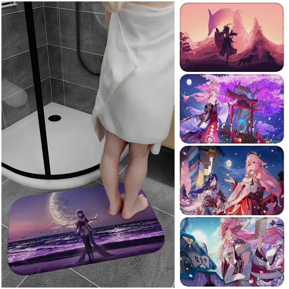 

1PC Genshin Impact Raiden Shogun Yae Miko Floor Mat Entrance Door Mat Anti-slip Home Soft Front Door Indoor Outdoor Mat