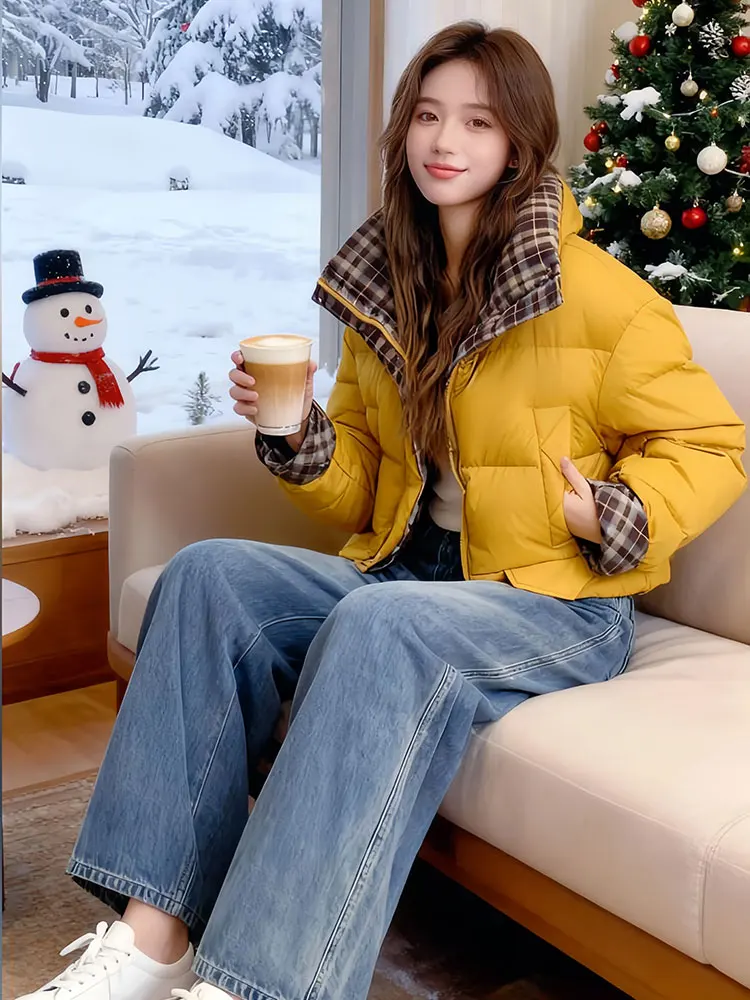 

Sli Plaid Splicing Stand Collar down Cotton Jaet Women Winter Thiened Bread Sle Coat Casual Loose Fit ort Length