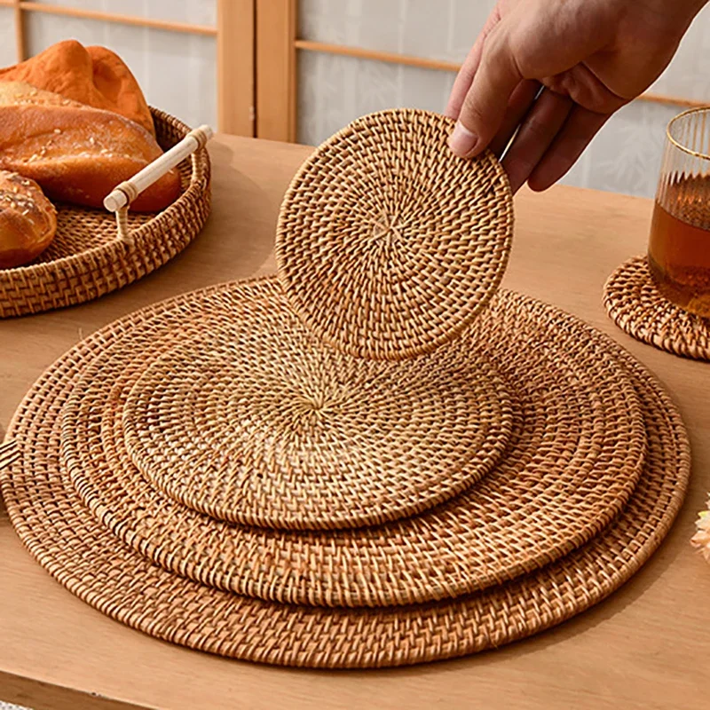 Dia 8cm-35cm Set Natural Rattan Woven Coasters Hand Woven Clay Pots Insulated Cups Tea Set Mats Dining Table Bowl Tableware Mat