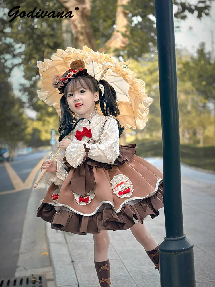 Sweet and Cute Baby Girls Lolita Dress Kids Trendy 2026 Spring and Autumn Lace Long Sleeve Ruffle Trim Bow High Waist Ball Gown