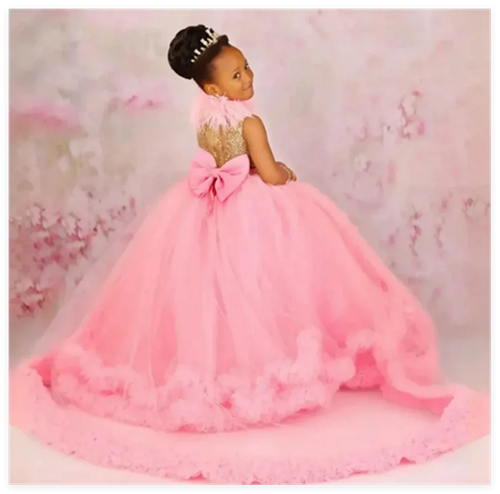 Ruffled Flower Girl Dresses Feather Lace Girl's Dress for Wedding Birthday Party Communion Gowns Princess Kids Prom Customized