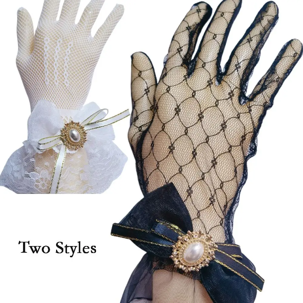 Elegant Black White Lace Gloves Ruffle Edge Flower Pattern Mesh Gloves Soft Elastic Bow Hollow Out Gloves Cosplay Event