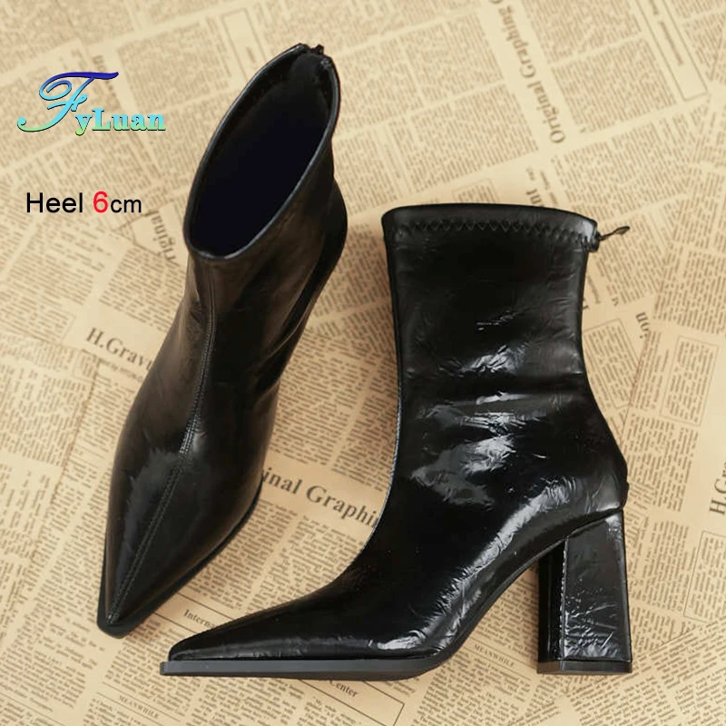 

Зимние элегантные однотонные сексуальные женские ботинки на толстом каблуке с острым носком, модные повседневные рабочие туфли для женщин, 6 см, 8 см, ботинки до середины икры