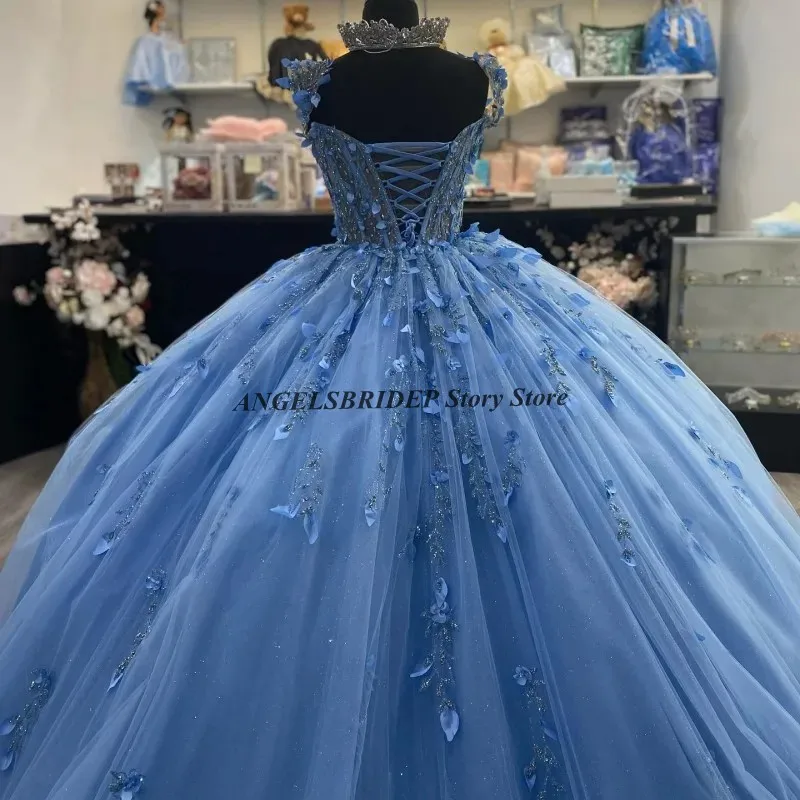 Angelsbridep-Vestidos Quinceanera Azul Céu Brilhante, pérola cristal, aplique floral 3D, vestido de aniversário formal, 15 anos, 24 anos, 2024