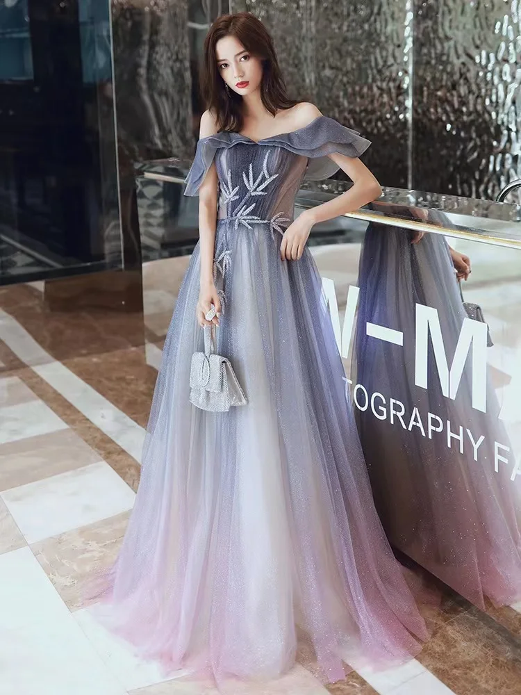 15436#Real Photos Shiny Tulle  A-line Wedding Bridesmaid Dress Bridal Gown For Women Birthday Party Evening Dresses With Beading