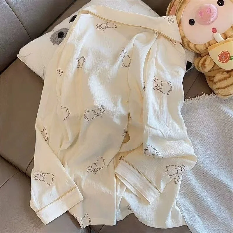 2024 Autumn New Faux Cotton Women Pajama Kawaii Button Cardigan Outfits 2 Piece Set Fashion Rabbit Sweet Pajamas Set for Women