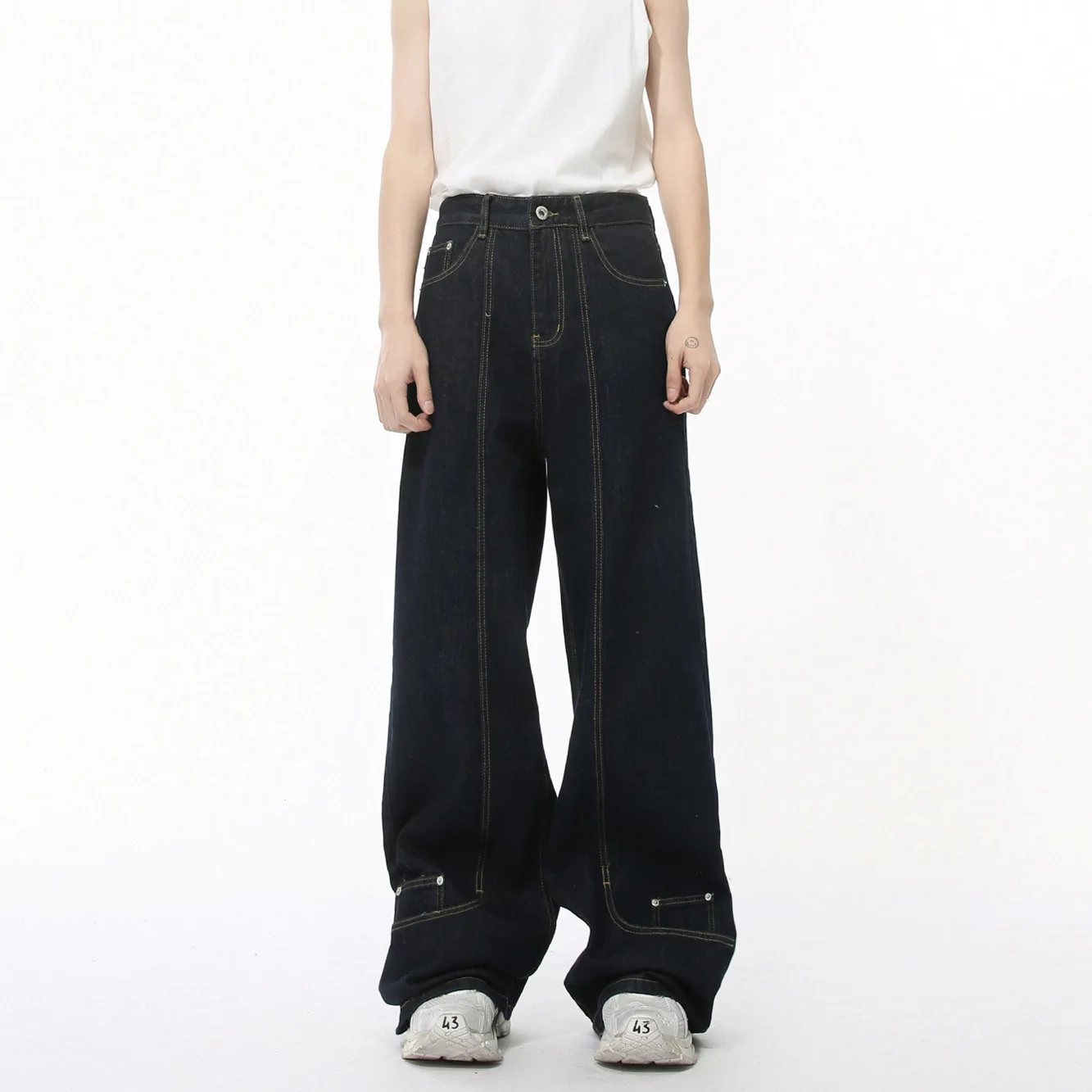 Celana Jeans Pria 2025 Musim Gugur Celana Jeans Pria Baru Desain Unik yang Dapat Dipakai Terbalik Celana Denim Lurus Lebar yang Didekonstruksi