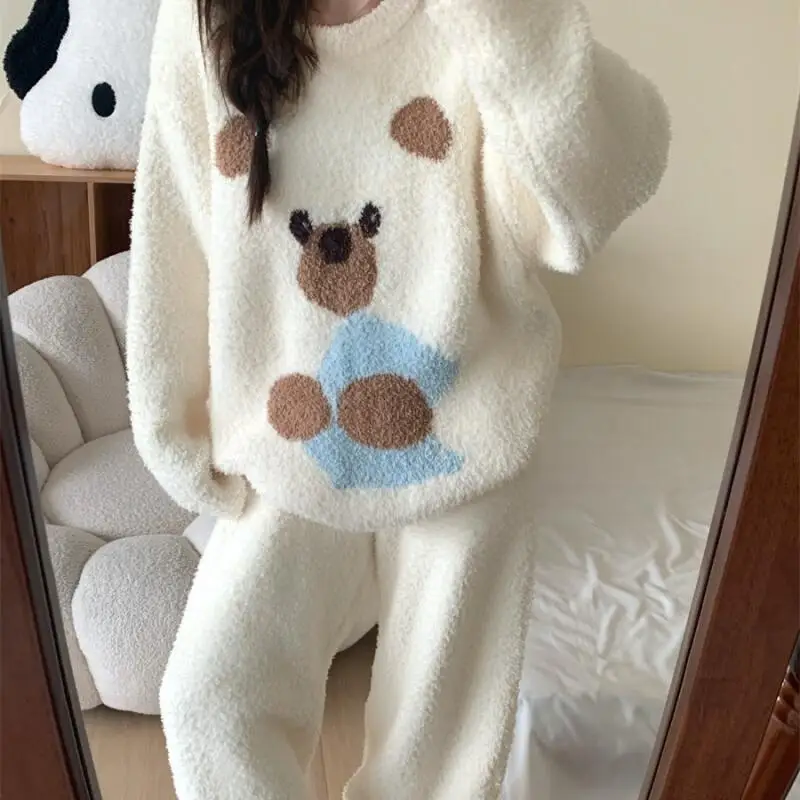 Pajamas Cartoon Bear 2025 New Velvet Winter Female Flannel Thicken Long Sleeves Pants Keep Warm Cute Comfortable Homewear Suit