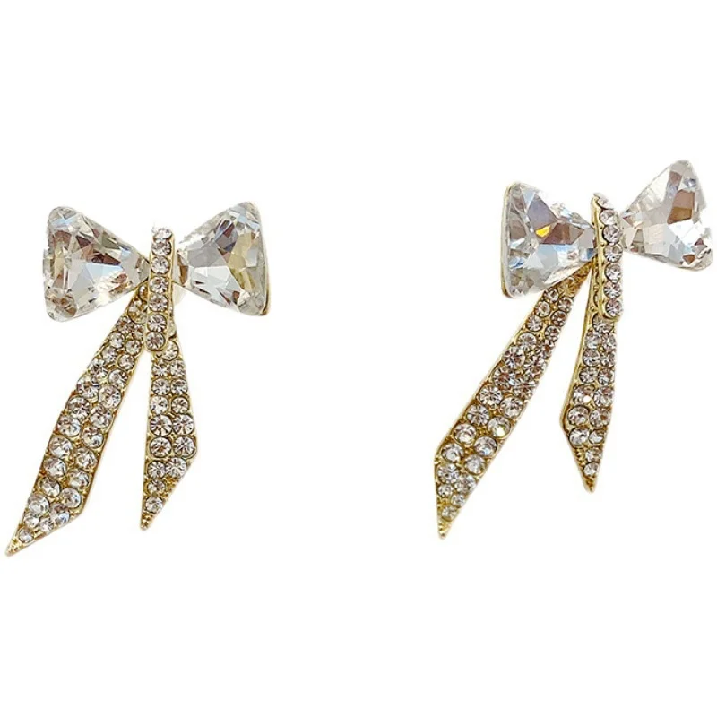 Ribbon Bow Gold Color Drop Earrings for Women Korean Zirconia Bow Silver Needle Earring Rhinestone Bow Ear Stud Pendientes Mujer