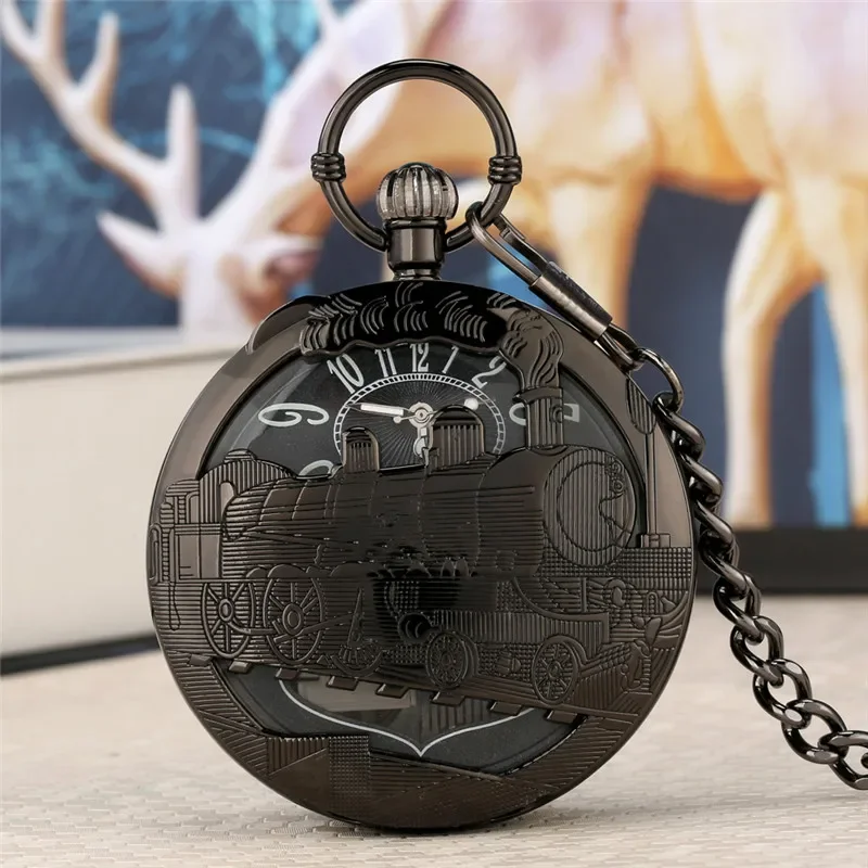 Unique Hollow Locomotive Train Case Playing Music City Sky Song Men Women Quartz Analog Pocket Watch FOB Pendant Chain Clock