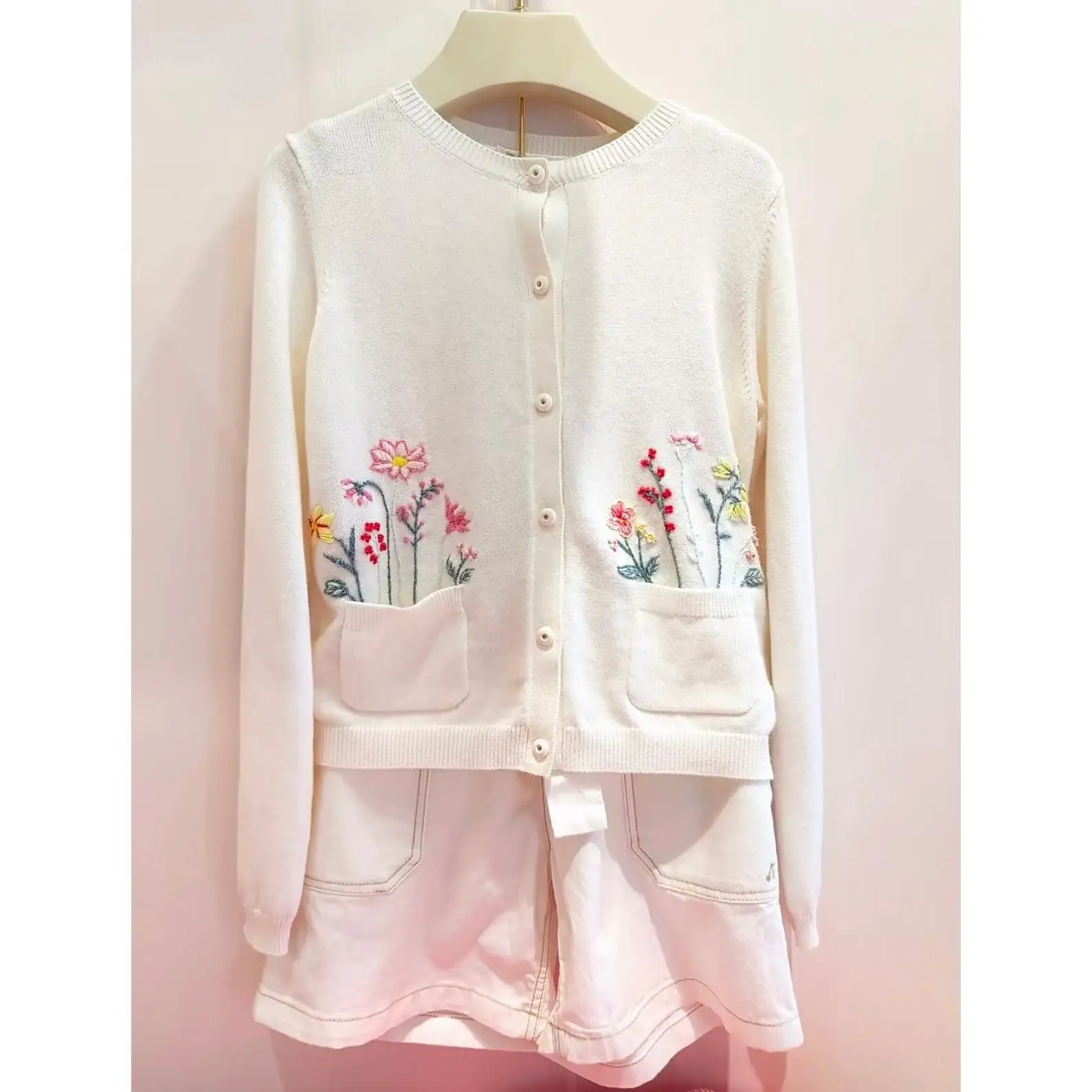 Girls Sweater Fall 2026 New White Hand Embroidered Fashion Kids Knit Cardigan Coat Cotton Broken Flowers Sweet Girls Slip Dress