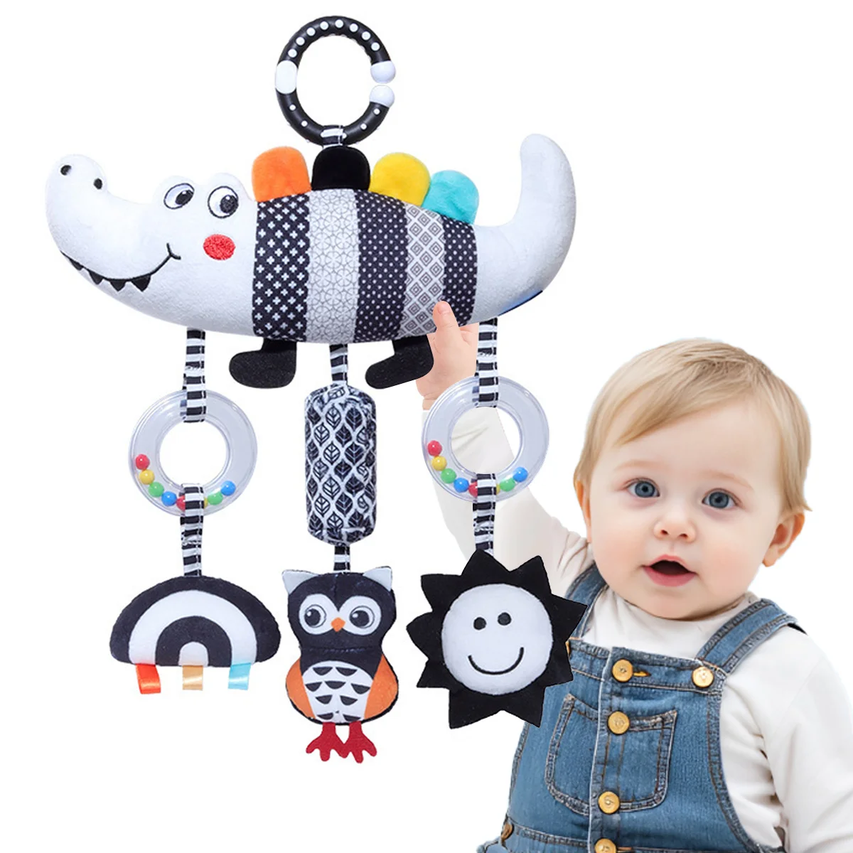 Peluche a Forma di Coccodrillo con Musica e Sonaglio, Giocattolo Sensoriale per Bambini e Bambine per Stimolare le Capacità Cognitive