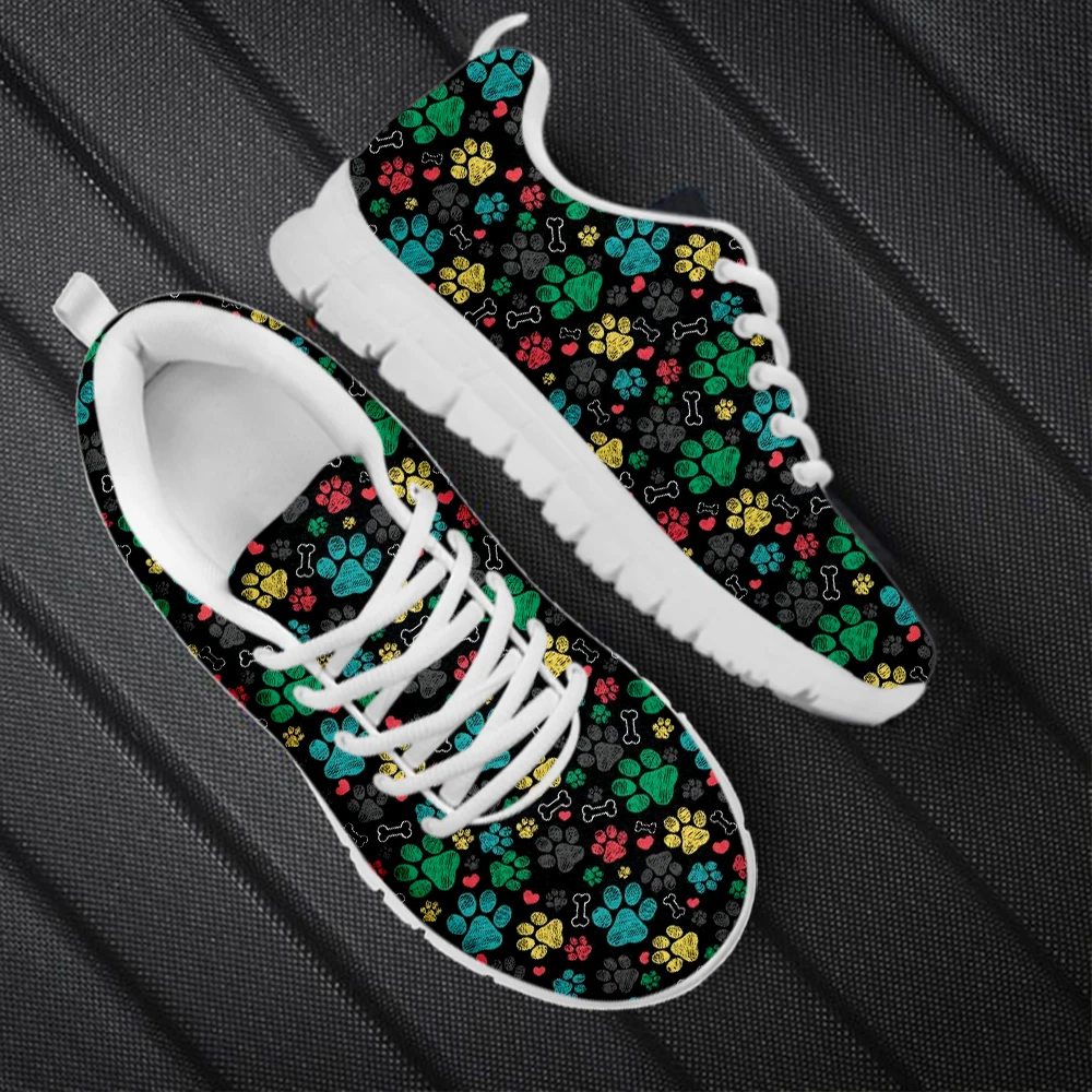 INSTANTARTS Breathable Lace-up Flat Shoes Casaul Vulcanize Shoes Cute Dog Paw Footprint Running Sneakers for Women Mens Teenager