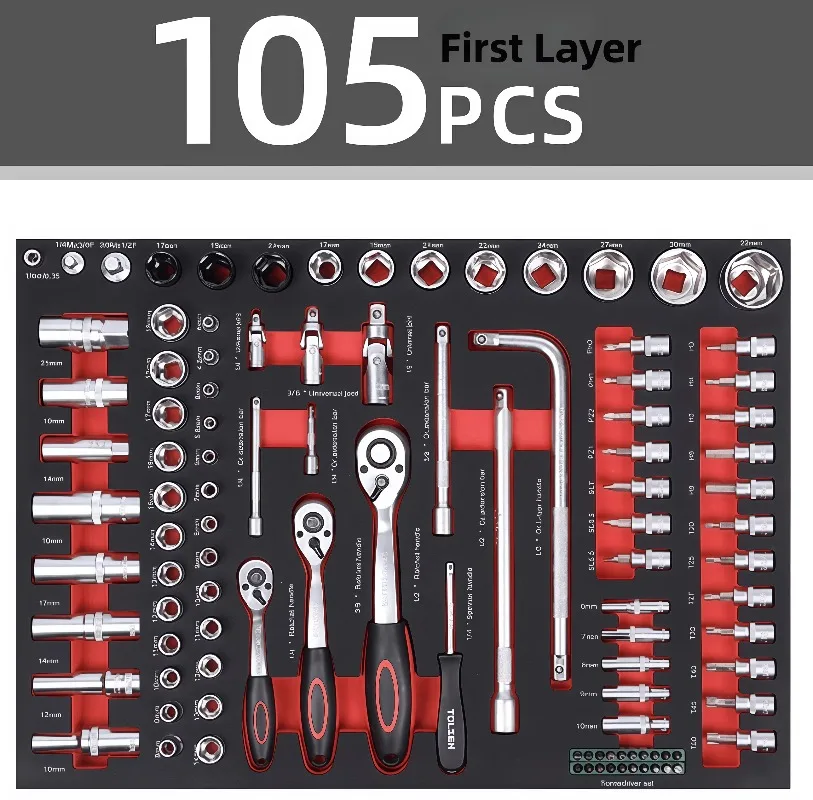158-Piece  Mobile Tool Cabinet with 3 Drawers Metal Mechanic Combination Tool Set for Workshop 200kg Load Capacity