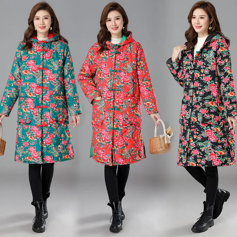 Winter Clothes Mother's Ethnic Style Big Flower Thickening Cotton Padded Jacket Large Size Loose Retro Fashion Quilted Coat T598