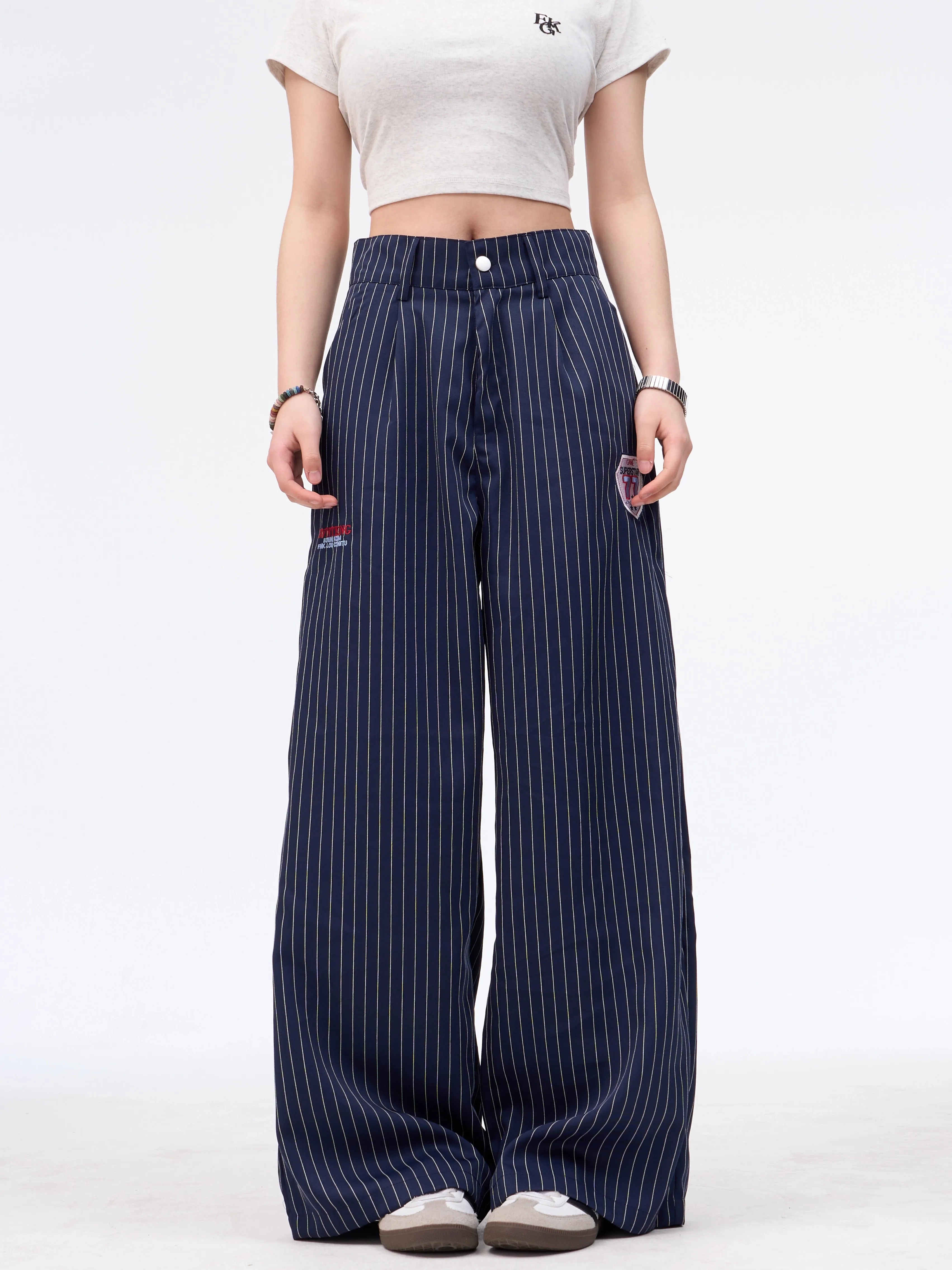 

Women's Blue Vertical Striped Casual Pants 2000s Vintage Elegant Fashion Harajuku American Loose Straight Wide-Leg Floor Pants