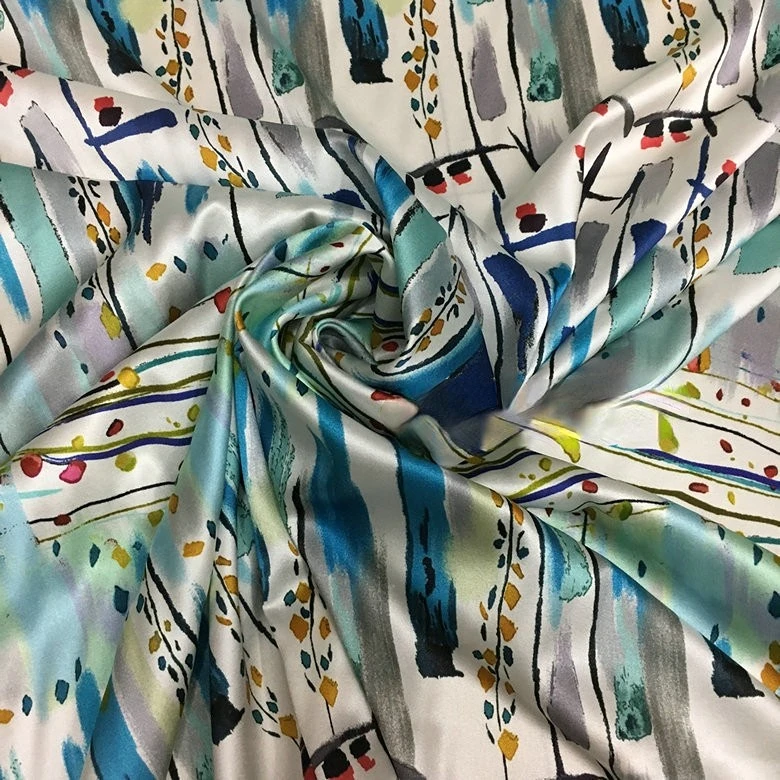 Graffiti Geometric Printing Fresh Blue 19mm Heavy Weight High Quality Silk Dress Pinted Fabric for Clothing Diy Designer Fabrics