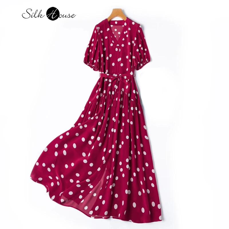 

Rose Red Polka Dots 100% Natural Mulberry Silk Crepe De Chine V-neck Bubble Sleeve Slit Large Swing Women's Lace Up Dress