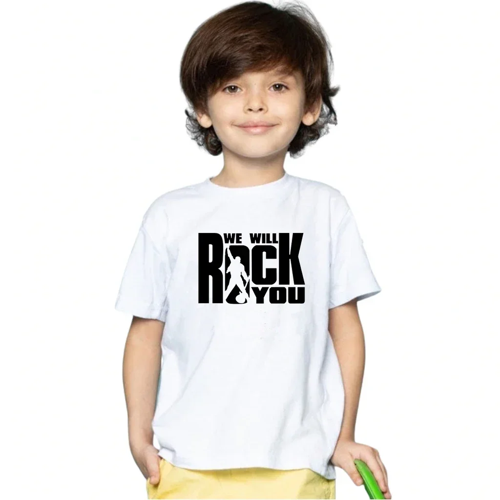 We Will Rock You Queen Print T shirt Kids Summer White Tops Children Fashion Casual T-shirt Rock Anthem Childrens Tshirt