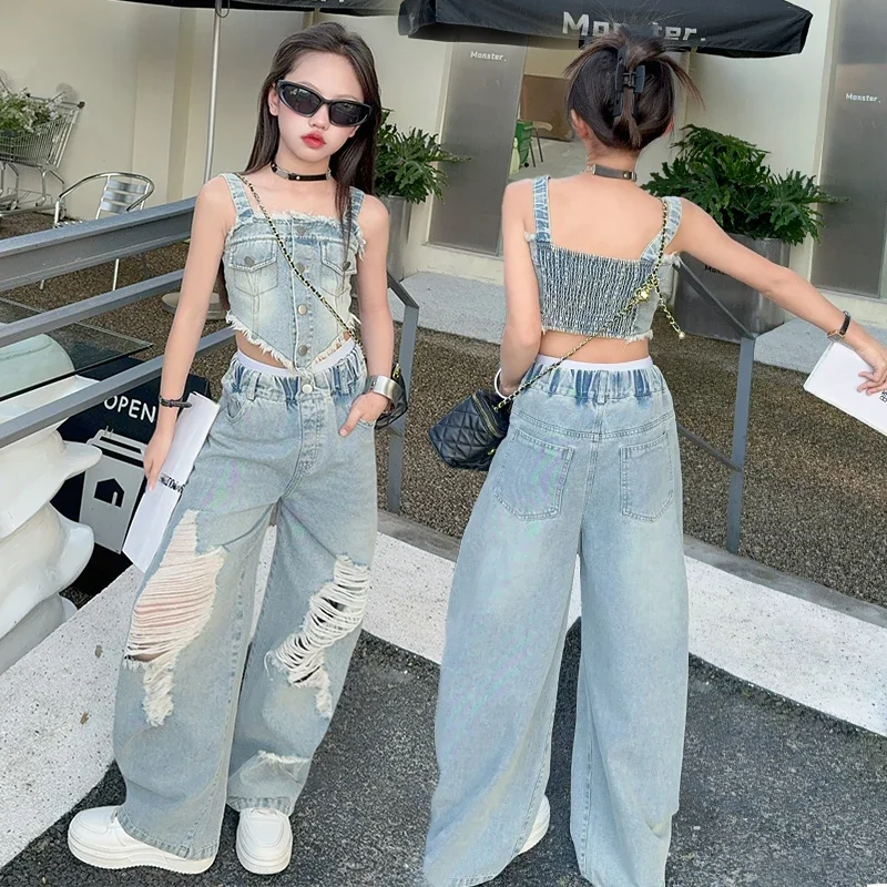 

junior kids denim clothes set Irregular sleeveless suspender denim top big hole Wide leg jeans 2pcs teen kids suit child outfits