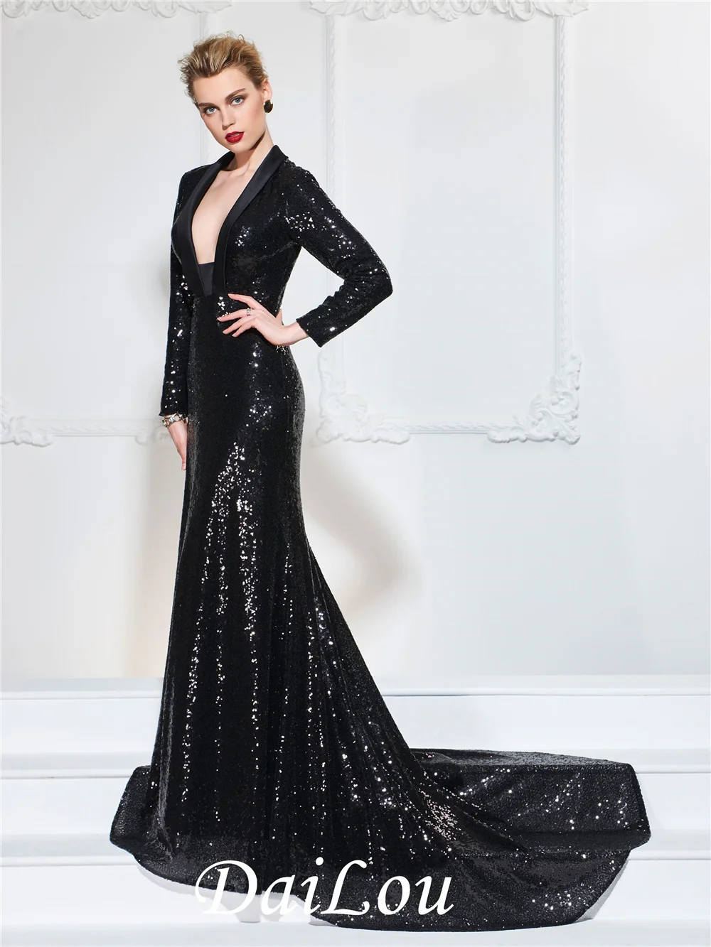 V-Neck Mermaid Court Train Long Sleeves Zipper-Up Floor-Length With Sequins Evening Dress 2022