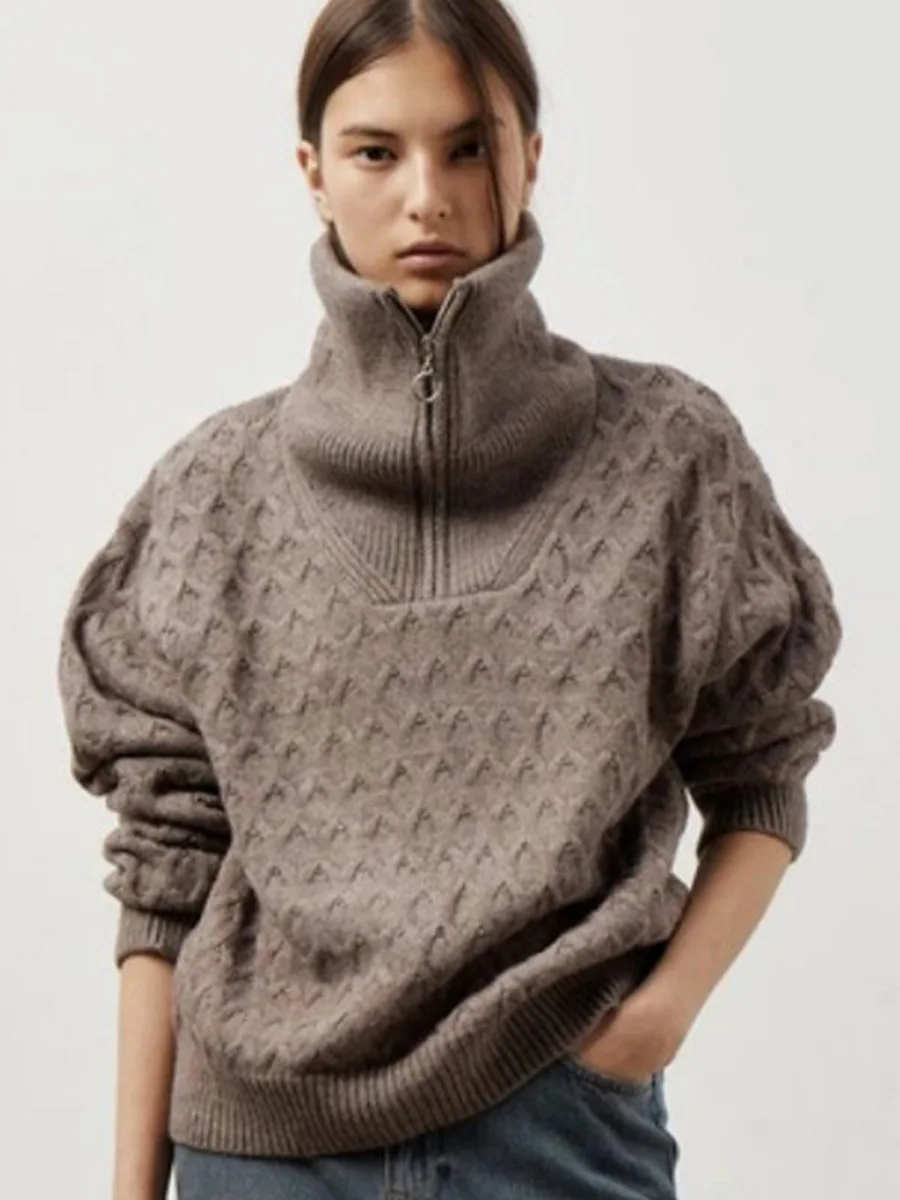 

2025 Women's Turtleneck Half Zip Sweater Chunky Cable Knit Loose Fit Long Sleeve Casual Autumn Winter New Essential
