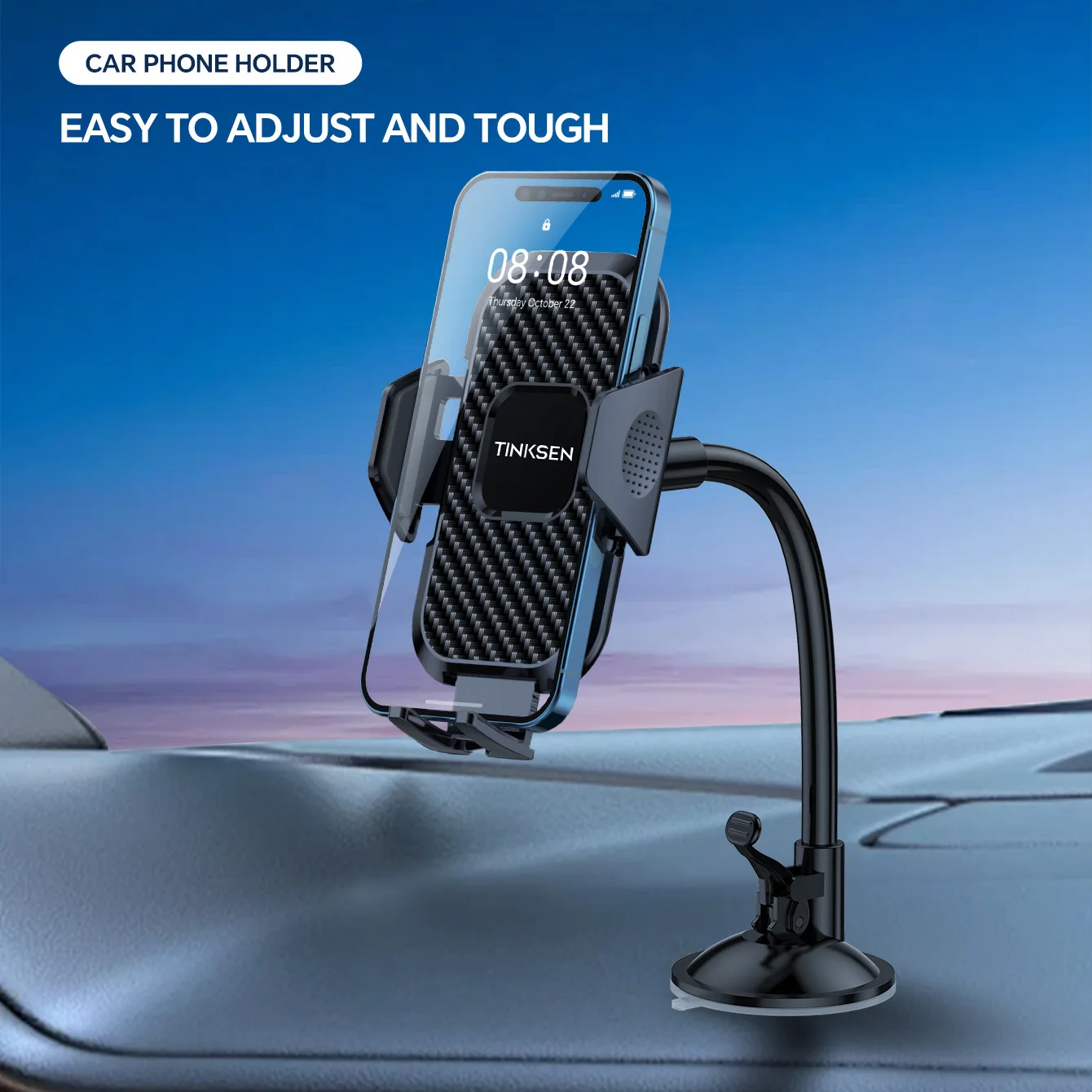 TINKSEN upgraded car phone holder, a universal car phone holder suitable for dashboard, compatible with iPhone, Samsung and all Android smartphones