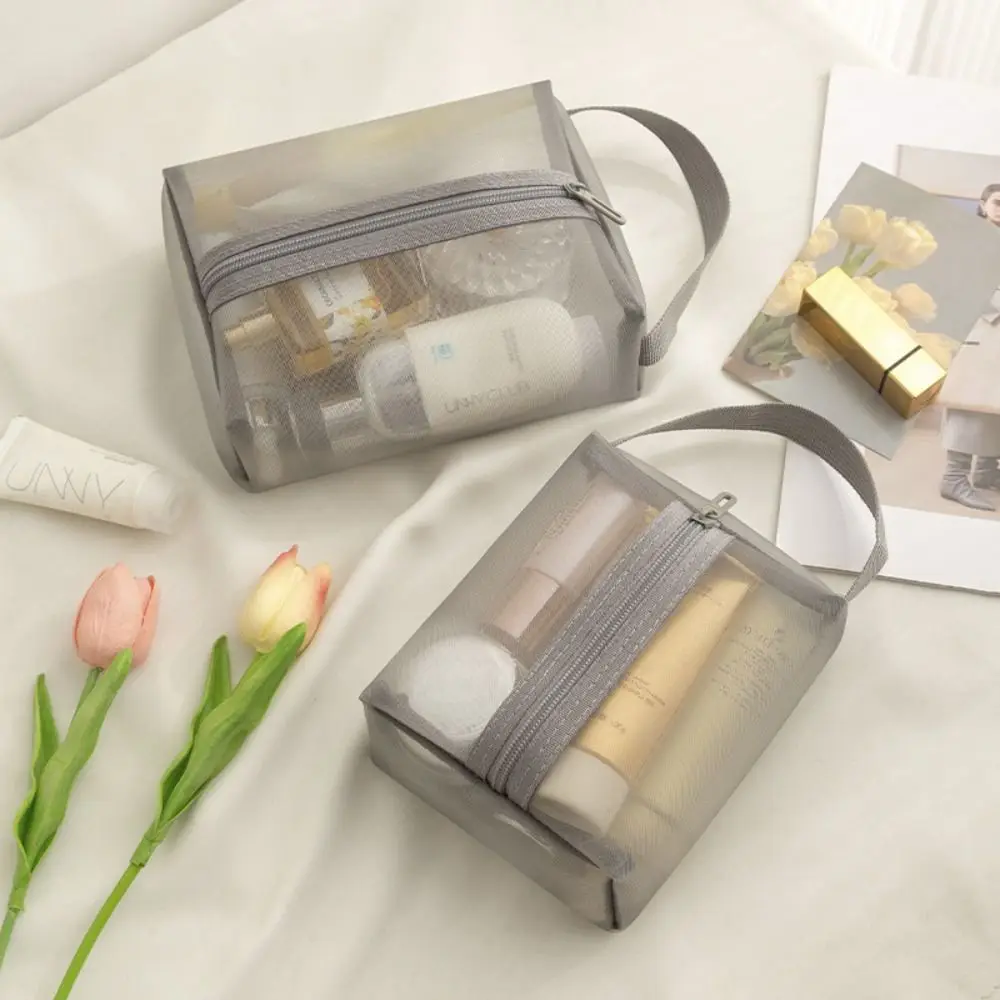 

Simple Portable Mesh Makeup Bag Square Zipper Transparent Cosmetic Bag Lightweight Large Capacity Cosmetic Cases Bathroom